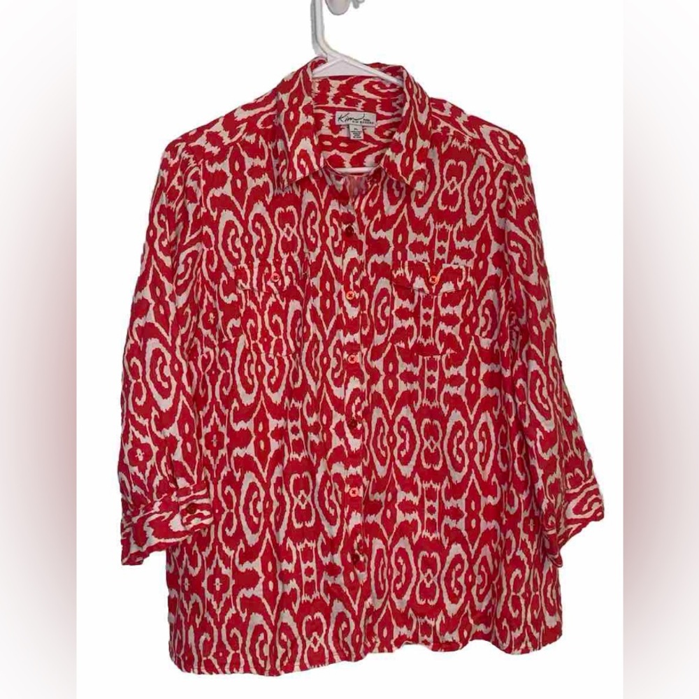 Kim Rogers Petite PL Linen Pink 3/4 Sleeve Shirt Button Geometric Abstract Print
